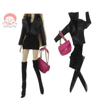 1 комплект кукольной одежды Кожаное пальто Маленькое Черное платье Сумка с леопардовым принтом Модный костюм Смена костюма куклы