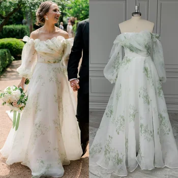 15357 # Реальные фотографии Зеленое свадебное платье с пышными рукавами и оборками, свадебное платье из органзы с цветочным принтом и шлейфом, свадебное платье для женщин