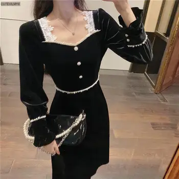 2021 Женская зимняя вечеринка с квадратным воротником, красивое платье из французского бархата с длинным рукавом, черное винтажное платье