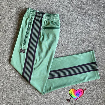 2023 Зеленые гладкие брюки с иглами, мужские и женские брюки с острыми иглами, трикотажные брюки в полоску с бабочкой, узкие прямые брюки