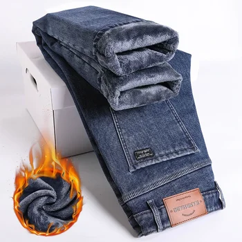2023 Зимние джинсы из плотного флиса для мужчин, Тонкие прямые эластичные теплые джинсовые брюки, повседневная Мужская одежда, модные плюшевые брюки в корейском стиле