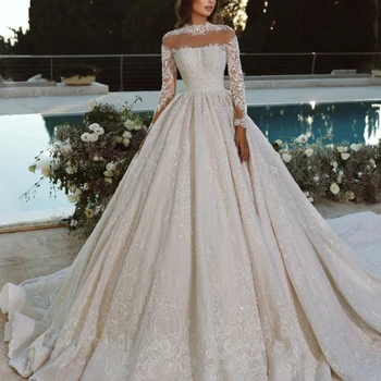 2023 Новое изысканное бальное платье с круглым вырезом, свадебное платье, Роскошная аппликация из бисера, Блестящее кружевное свадебное платье принцессы со шлейфом