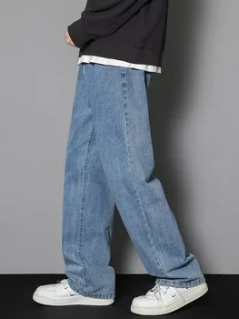 2023 Новые Корейские мужские повседневные длинные джинсы, классические Мужские прямые джинсовые широкие брюки, однотонный светло-голубой Серый Черный 3XL