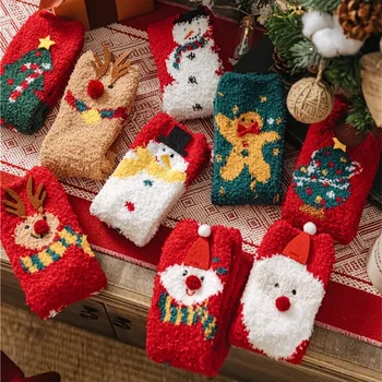 2023 Новые Рождественские Носки Женские коралловые Плюшевые носки Утолщенные Теплые Рождественские носки для сна Мультяшные плюшевые носки напольные