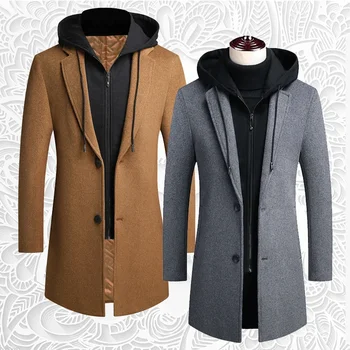 2023 Осенне-зимнее новое мужское Корейское повседневное шерстяное пальто средней длины, съемная шляпа, модное пальто, мужская одежда M-5XL
