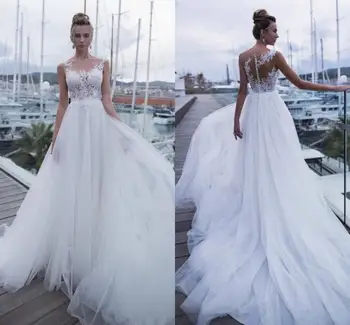 2023 Элегантные Богемные Свадебные платья С аппликацией из тюля Свадебные платья с прозрачным вырезом И кружевами Пляжные Vestidos De Novia