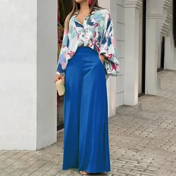 2024 Женская блузка с принтом в стиле INS и модные повседневные брюки Комплект из двух предметов Женская одежда больших размеров Женская весенняя одежда
