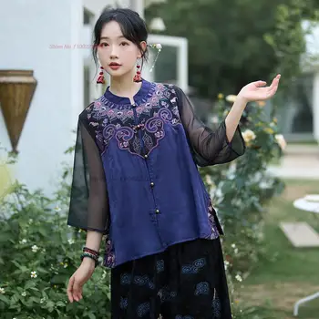 2024 китайская винтажная блузка с национальной цветочной вышивкой танский костюм этническая атласная жаккардовая лоскутная блузка восточная сетчатая блузка