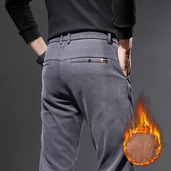 2024 Осень-зима, высококачественные повседневные брюки из мягкого флиса, мужские деловые Тонкие Модные Элегантные Теплые стрейчевые прямые брюки