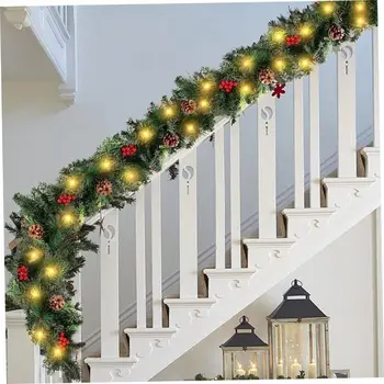 30 светодиодных ламп, Рождественская Гирлянда, Зеленая 180 см/6 футов, Орнамент из ротанга с подсветкой красных фруктов, Сгибаемый