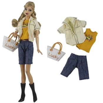 4 Предмета в комплекте Модная рубашка + Желтый топ + шорты + Сумка для куклы Барби Одежда Повседневная одежда Одежда в современном стиле Аксессуары