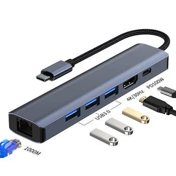 6 В 1 USB 3.0 Type C к HDMI Концентратору 5Gpbs Высокоскоростной 1000 Мбит/с Ethernet RJ45 Гигабитный 4K Адаптер Разветвитель PD100W для Ноутбука