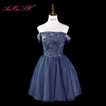 AnXin SH принцесса темно-синий цветок кружева вырез лодочкой бисероплетение кристалл вечеринка на шнуровке хост короткое вечернее платье Маленькое черное платье
