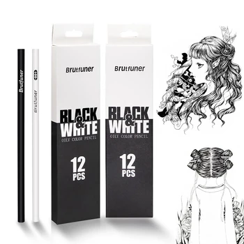 Brutfuner, 12 шт., Белые и черные Цветные карандаши, Профессиональный набор карандашей для рисования маслом, Школьные принадлежности для рисования