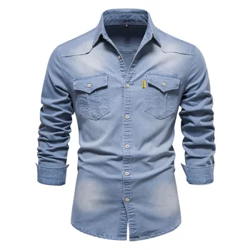 FANWEILIN Эластичная джинсовая рубашка на пуговицах С длинным рукавом, ковбойские синие рубашки для мужчин, повседневная приталенная мужская одежда Camisa Masculina