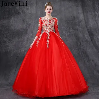 JaneVini vestido rojo 2020 Пышные Платья Бальное Платье Вечернее Платье для Выпускного Вечера с Рукавами Длинные Кружевные Аппликации Жемчуг Sweet 16 Dress
