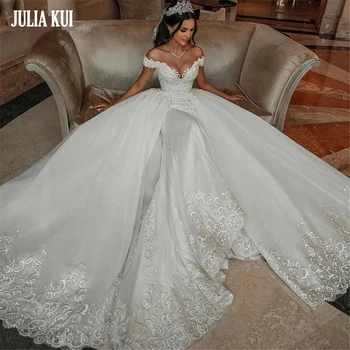 Julia Kui С открытыми плечами, V-образный вырез свадебного платья 2 В 1 С вышивкой бисером, кружевной корсет сзади