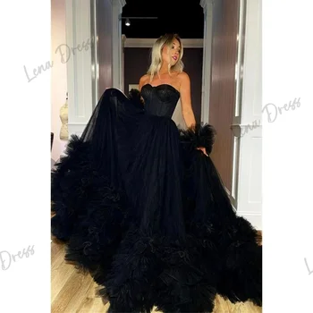 Lena-Черное бальное платье трапециевидной формы с открытыми плечами, без бретелек, тонкое газовое вечернее платье с открытой спиной и фигурными краями