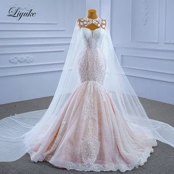 Liyuke Beauty Кружевное Свадебное платье в стиле Русалки в стиле Ампир Без рукавов С аппликацией, Свадебные платья С накидкой