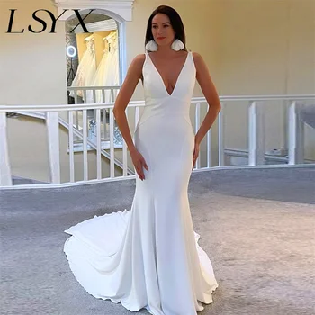 LSYX Простое свадебное платье Русалки из крепа без бретелек с глубоким V-образным вырезом, свадебное платье с открытой спиной и шлейфом, сшитое на заказ