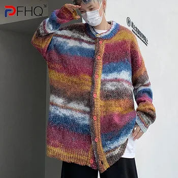 PFHQ, мужской свитер, модный уличный дизайн, кардиган контрастного цвета в полоску, вязаное осеннее однобортное индивидуальное пальто INS 21Z3380