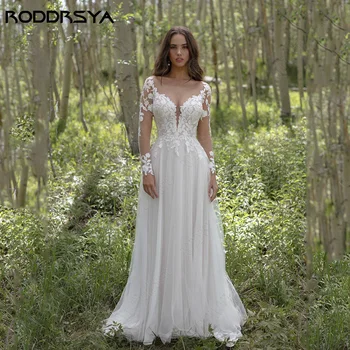 RODDRSY/ Свадебные платья с аппликацией в стиле бохо, длинные рукава, вечерние платья для невесты, Тюлевое платье трапециевидной формы, Классическое платье без спинки, vestido de noiva
