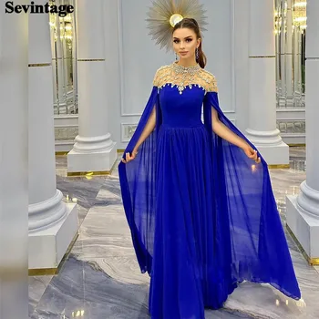Sevintage A Line Королевские синие шифоновые вечерние платья для выпускного вечера, женские платья с круглым вырезом и длинными рукавами, вечерние платья для вечеринок, платье для мероприятий с блестками