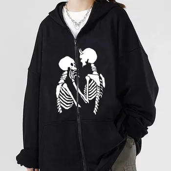 Skeleton Couple Толстовка на молнии Осень Зима Флис Негабаритная Свободная толстовка Hipster Man Harajuku Толстовки Толстовки