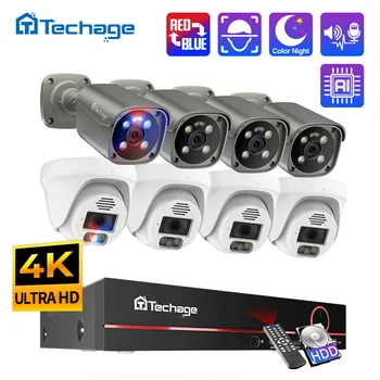 Techage 8CH Ultra HD 4K 8MP POE Система Камеры Безопасности С Распознаванием Лиц Двусторонний Аудио Комплект Видеонаблюдения В помещении и на открытом воздухе CCTV Video