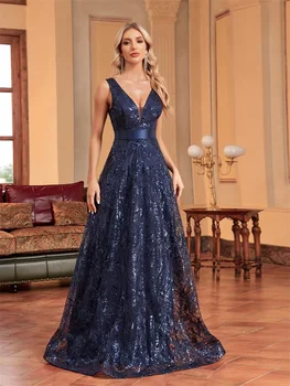 XUIBOL Роскошное сексуальное синее вечернее платье с глубоким V-образным вырезом и цветочными блестками, женское элегантное платье с V-образным вырезом на спине для свадебной вечеринки, длинные коктейльные платья для выпускного вечера