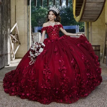 Бальные платья с аппликацией из 3D Цветов 2024, Красные Пышные Платья С Открытыми плечами, Кружевные Аппликации, Vestido De 15 Anos Sweet 16 Dress