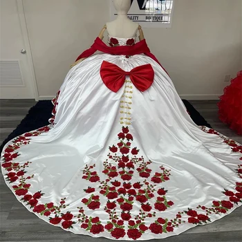 Белое Атласное Пышное Платье С Вышивкой Из Мексиканских Красных Роз, Многоярусное С Бантом, Бальное Платье На День Рождения, Милое Платье На Шнуровке, 16 Дрес