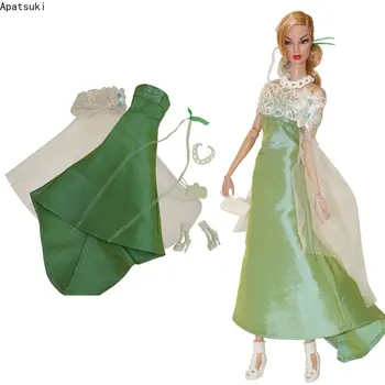 Белый Зеленый Комплект Модной Одежды для Барби Наряды 1/6 Куклы Аксессуары Для Барби Вечернее Платье Обувь Сумка Ожерелье