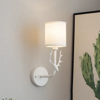 Белый тканевый абажур настенные светильники гостиная спальня прикроватная лампа Проход Коридор ТВ фон Настенный светильник с головой оленя из смолы