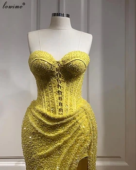 Большие размеры Желтых выпускных платьев Русалки без бретелек, сексуальных коктейльных платьев для вечеринок, арабских вечерних платьев в пол Abendkleider