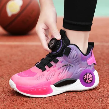 Брендовая детская баскетбольная обувь 2023, летняя спортивная обувь с поворотной кнопкой для девочек, кроссовки для бега для мальчиков, баскетбольные тренировки