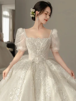 Великолепные свадебные платья с аппликациями, бальное платье с королевским шлейфом, квадратный воротник, Роскошное кружевное свадебное платье с открытой спиной, расшитое бисером, Vestido de no