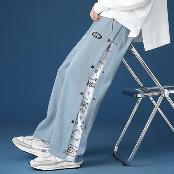 Весенне-осенние повседневные брюки, мужские свободные прямые уличные брюки в стиле хип-хоп, модные брендовые брюки с принтом на пуговицах