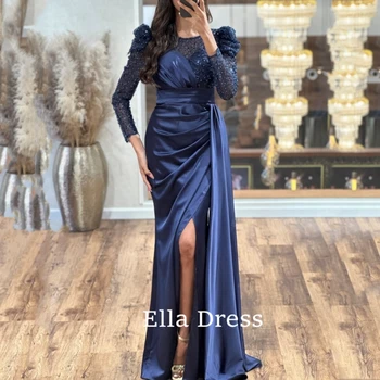 Вечерние платья Ella для свадебной вечеринки с V-образным вырезом, темно-синие блестящие длинные пышные рукава, атласное платье русалки, Арабское бальное платье знаменитостей, праздничное платье