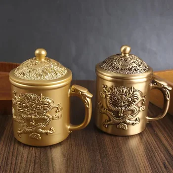 Винтажная Китайская Чайная чашка с Драконом и Фениксом из чистой меди, украшения для домашнего офиса, украшения для магазина, Латунная чайная чашка 