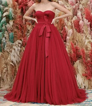 Винтажные Красные Вечерние Платья Выпускного вечера в виде Сердечка 2023 Года из Тюля с Поясом-Бантом Вечернее Платье Robe Soriee Vestidos De Fiesta Largo