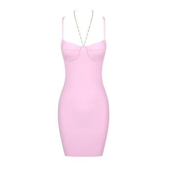 Высококачественное женское розовое платье на бретельках без рукавов, сексуальное облегающее мини-бандажное платье с V-образным вырезом, модное платье для празднования вечеринки в ночном клубе