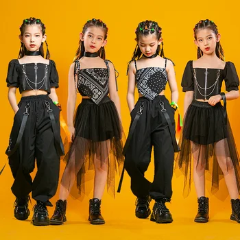 Детская черная одежда в стиле Kpop, панк, хип-хоп, укороченный топ, плиссированная сетчатая юбка, тактические брюки-карго для девочек, комплект одежды для джазовых танцев