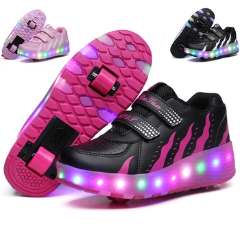 Детские двухколесные светящиеся кроссовки на каблуках, розовая обувь для роликовых коньков со светодиодной подсветкой, детская обувь со светодиодной подсветкой для мальчиков и девочек, USB-зарядка