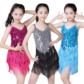 Детское танцевальное платье с блестками и бахромой, Латиноамериканское платье, детский конкурсный костюм для девочек, танцующих сальсу, платье с кисточками для девочек 5-18 лет