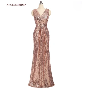 Длинное вечернее платье ANGELSBRIDEP из розового золота, сексуальное вечернее платье Abendkleider с V-образным вырезом, расшитое блестками, на день рождения, выпускной бал, горячее платье