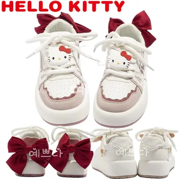 Женские кроссовки Sanrio Hello Kitty с милым новым рисунком, вулканизированная обувь на платформе со шнуровкой, фирменный дизайн, повседневная уличная парусиновая обувь