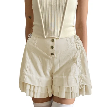 Женские летние эстетичные шорты, короткие брюки с завязками на талии и пуговицами по бокам