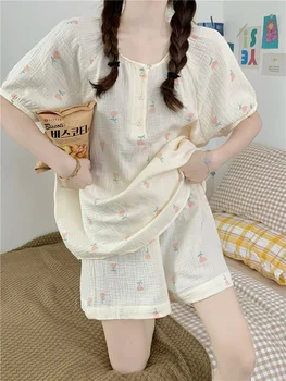 Женский пижамный комплект с цветочным принтом, летний Комплект из 2 предметов с шортами, женская пижама в корейском стиле, домашняя одежда с коротким рукавом для женщин