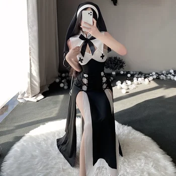 Женское сексуальное белье, платье Каваи, головной убор, Черная полая форма страсти, аниме-монахиня, ролевая игра, костюм горничной для косплея